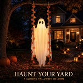 Spooky 1.2m LED Light-Up Swinging Ghost Halloween Decoration with Wooden Maple Leaf Garland, Remote Control, Hanging Outdoor Porch Decor for Yard, Tree & Party