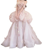 3D Floral Applique Fairy Dress: Monet's Garden Style Forest Gown, Off - Shoulder Puff Sleeve, Tiered Tulle Ball Gown, Dreamy Prom & Formal Evening Maxi Dress - Coscosmos