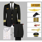 Airline Captain Pilot Uniform Cosplay Costume - Black/Blue Suit with 7 Accessories and Shoulder Straps for Halloween, Cosplay, and Parties - Coscosmos