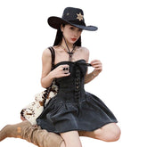 American Western Cowboy Style Spicy Girl Strapless Denim Dress Clothing Outfit Waist Cinching Vintage Summer Women Petite - Coscosmos