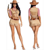 American Western Pioneer Cowboy Halloween Cosplay Two - Piece Tie Fringe Wrap Top Mini Skirt - Coscosmos