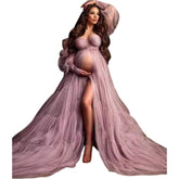 Dusty Pink Off Shoulder Long Bubble Sleeve Evening Dress High Waist Maternity Photo Studio Wedding Gown Long Train Cosplay Costume - Coscosmos