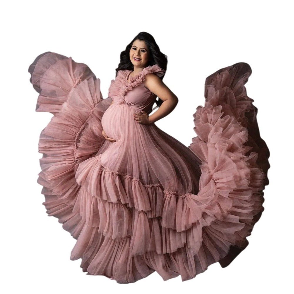 strapless open back dress Kate Mesh Pink Custom Maternity Photoshoot Gowns, S / 18#-Pink main image 1