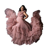 Dusty Pink Train Wedding Dress Cosplay Costume for Maternity Photography Evening Gown Shoulder Strap Long Train - Coscosmos