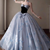Elegant Black Velvet & Sky Blue Tulle Backless Ball Gown with Butterfly Appliques for Prom Evening Party - Coscosmos