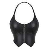 European and American Motorcycle Uniform New PU Leather Halter Zip - Up Women's Corset Top Sleeveless - Coscosmos