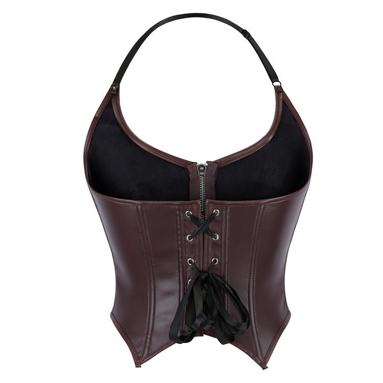 European and American Motorcycle Uniform New PU Leather Halter Zip - Up Women's Corset Top Sleeveless - Coscosmos European and American Motorcycle Uniform New PU Leather Halter Zip - Up Women's Corset Top Sleeveless - Coscosmos