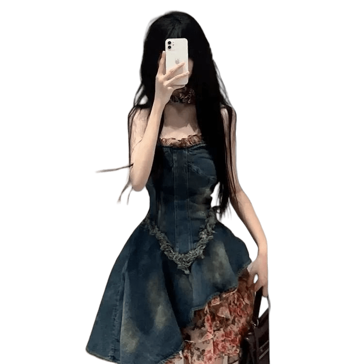 French Stunning Sweet and Spicy Girl Strapless Denim Dress for Women Summer High - End Sense Waist - Cinching Slim Puff Skirt Petite - Coscosmos