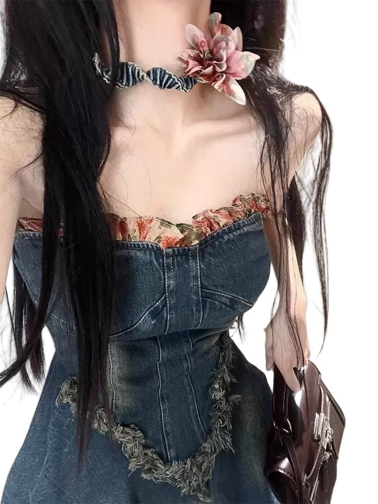 French Stunning Sweet and Spicy Girl Strapless Denim Dress for Women Summer High - End Sense Waist - Cinching Slim Puff Skirt Petite - Coscosmos French Stunning Sweet and Spicy Girl Strapless Denim Dress for Women Summer High - End Sense Waist - Cinching Slim Puff Skirt Petite - Coscosmos