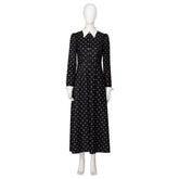 Halloween Cosplay Wednesday Addams Costume - Black Long Sleeve Dress with Printed Details - Coscosmos