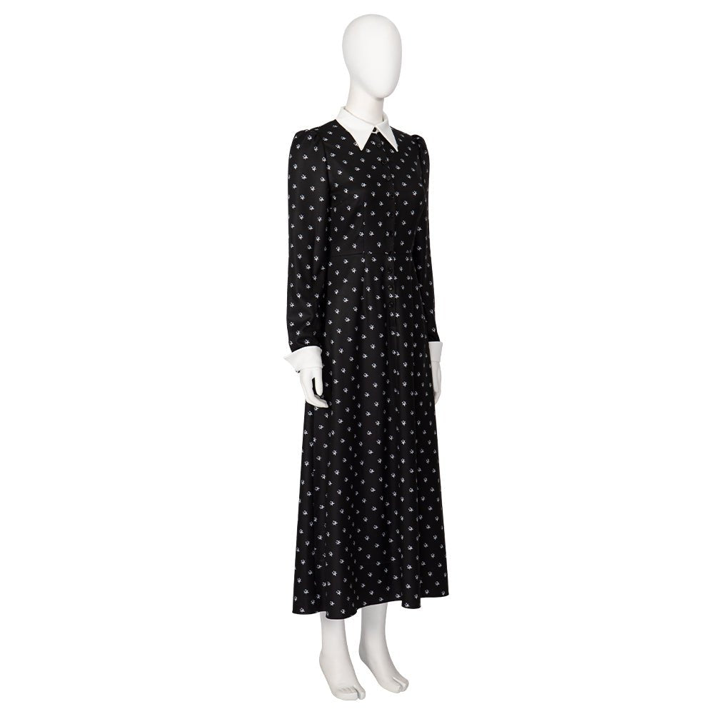 Halloween Cosplay Wednesday Addams Costume - Black Long Sleeve Dress with Printed Details - Coscosmos Halloween Cosplay Wednesday Addams Costume - Black Long Sleeve Dress with Printed Details - Coscosmos