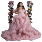 Maternity Photoshoot Lace Robe One Shoulder Morning Gown Light Pink 696 - Elegant Pregnancy Dress for Baby Shower & Bridal Party - Coscosmos