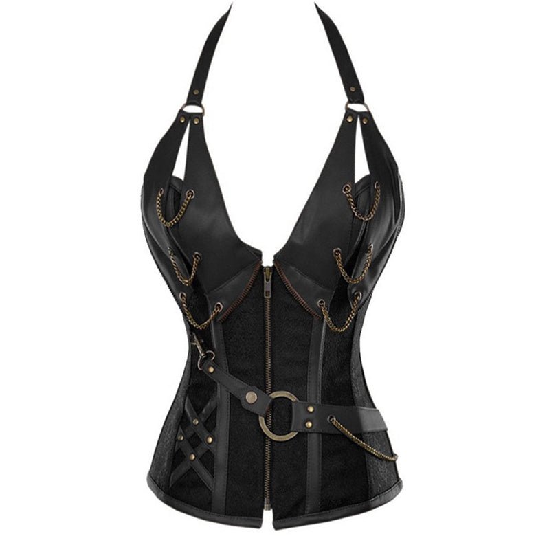 Plus - Size European Steampunk Leather Corset with Belt Halter Top - Victorian Gothic Lace - up Bustier - Coscosmos Plus - Size European Steampunk Leather Corset with Belt Halter Top - Victorian Gothic Lace - up Bustier - Coscosmos