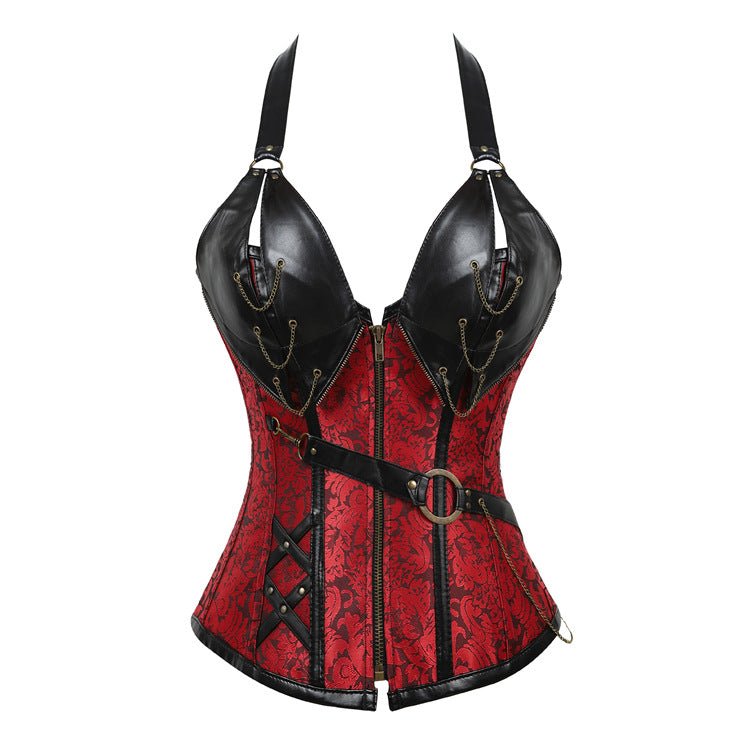 Plus - Size European Steampunk Leather Corset with Belt Halter Top - Victorian Gothic Lace - up Bustier - Coscosmos Plus - Size European Steampunk Leather Corset with Belt Halter Top - Victorian Gothic Lace - up Bustier - Coscosmos