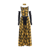 Punk Rock Women's Yellow Plaid Long Dress with Leather Sleeves - Coscosmos