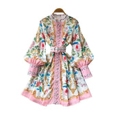 Versailles Summer: French V - Neck Floral Baroque Mini Dress with Lantern Sleeves and Belted Waist - Coscosmos