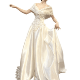 Vintage 90s Off Shoulder Ivory Macrame Lace Wedding Gown Handcrafted Bohemian Bridal Dress Custom Made Retro Elegant Maxi Dress - Coscosmos