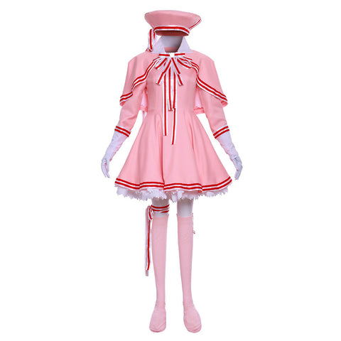 Cardcaptor Sakura Cosplay Costume - Pink Long Sleeve Dress with Hat, Shawl, Ribbon & Bow