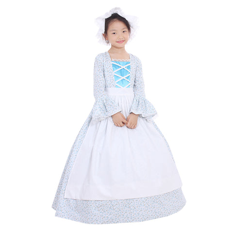 Colonial Girls Cosplay Costume | Victorian Medieval Style Dress with Hat & Floral Print for Kids