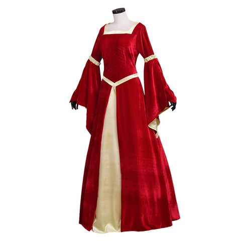 Custom Made Medieval Velvet Red Yellow Trumpet Sleeves Dress | Wedding & Fancy Party Costume