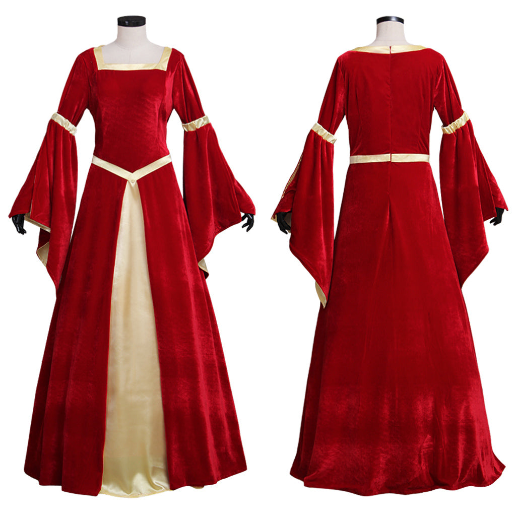 Custom Made Medieval Velvet Red Yellow Trumpet Sleeves Dress | Wedding & Fancy Party Costume