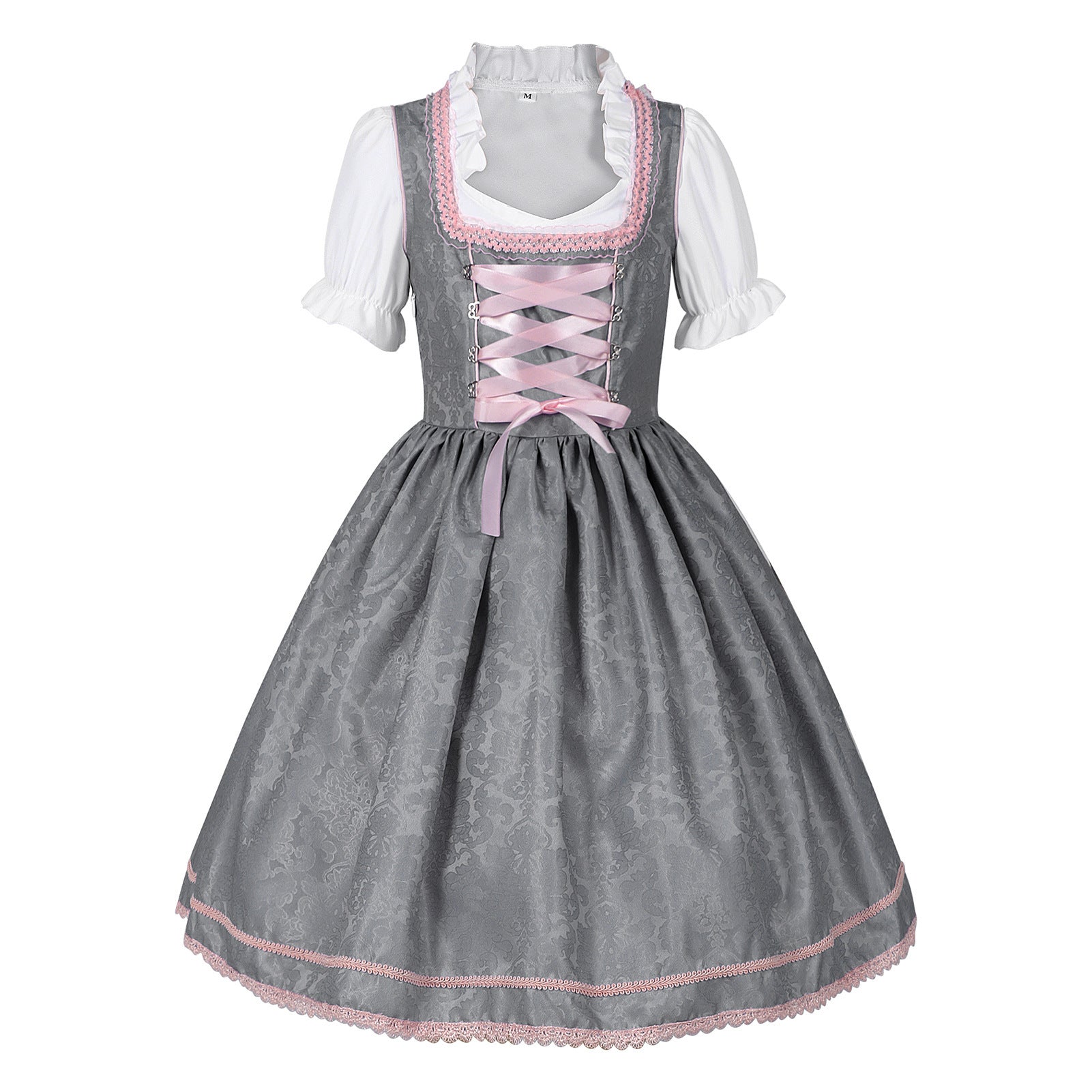 2025 Cross - Border Best Seller Oktoberfest Women's Dress Square Neck Waist Tie Lace Apron Shadow Pattern Dress Set - Coscosmos