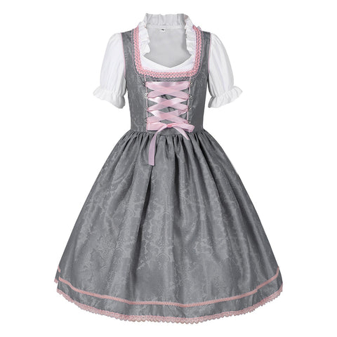 2025 Cross - Border Best Seller Oktoberfest Women's Dress Square Neck Waist Tie Lace Apron Shadow Pattern Dress Set - Coscosmos
