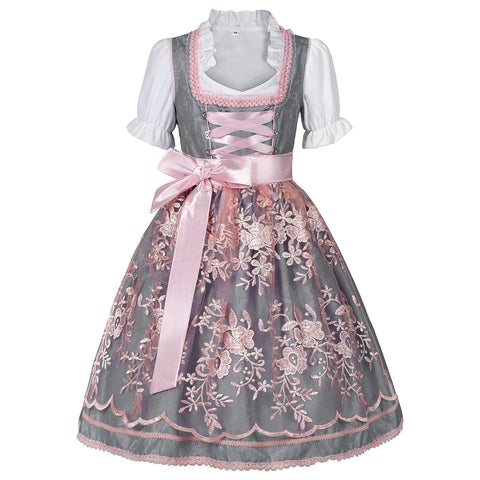 2025 Cross - Border Best Seller Oktoberfest Women's Dress Square Neck Waist Tie Lace Apron Shadow Pattern Dress Set - Coscosmos