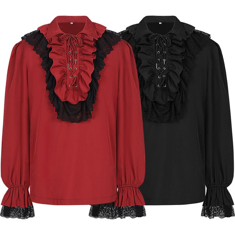 2025 European and American Retro Neckline Ruffle Drawstring Long Sleeve Medieval Shirt Unisex Renaissance Cosplay Costume - Coscosmos