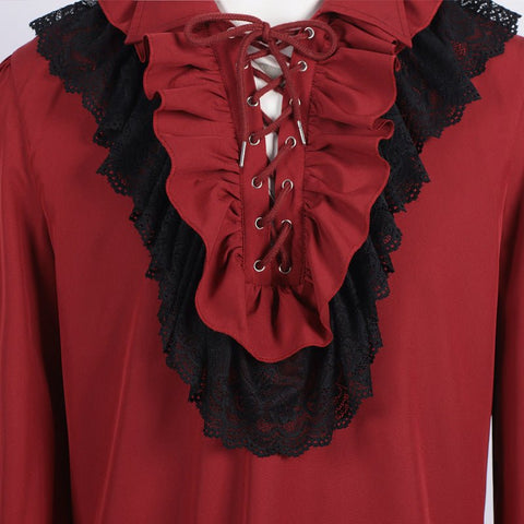2025 European and American Retro Neckline Ruffle Drawstring Long Sleeve Medieval Shirt Unisex Renaissance Cosplay Costume - Coscosmos