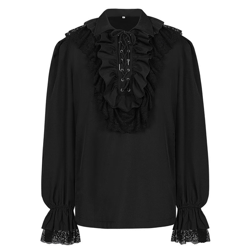 2025 European and American Retro Neckline Ruffle Drawstring Long Sleeve Medieval Shirt Unisex Renaissance Cosplay Costume - Coscosmos