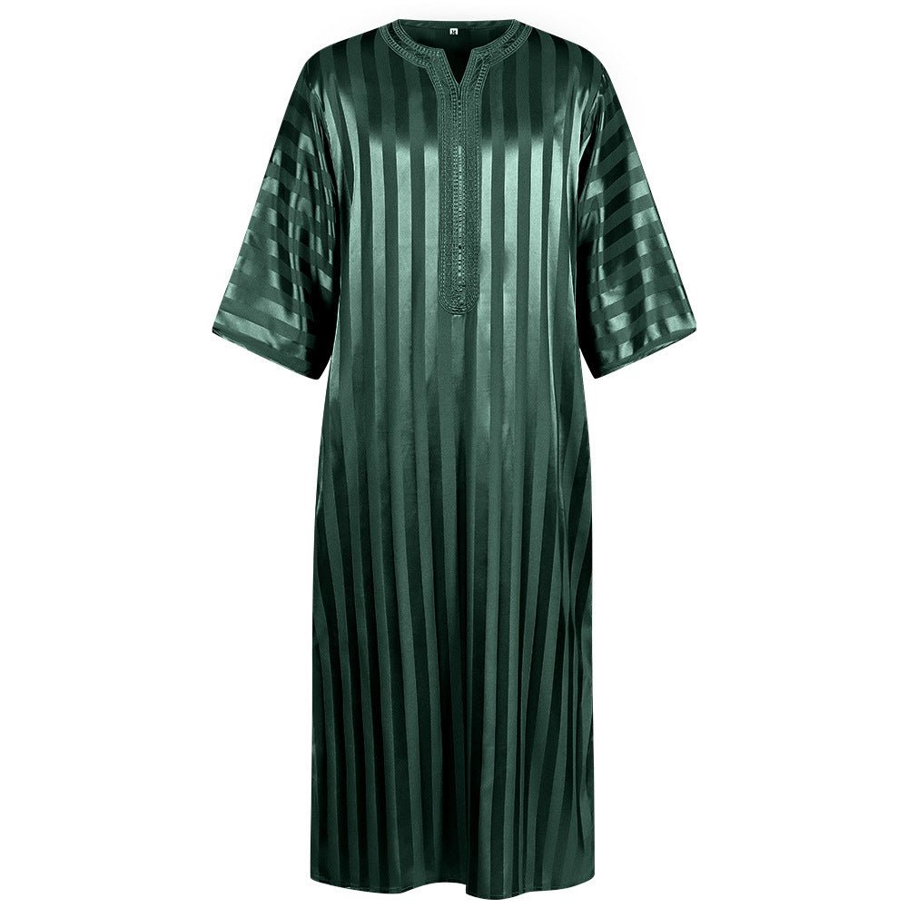 2025 New Cross - Border Middle Eastern Arab Men's Robe Long Sleeve Striped Print Muslim Costume - Coscosmos