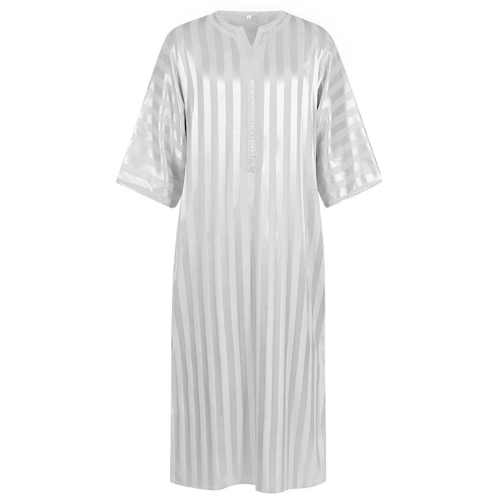 2025 New Cross - Border Middle Eastern Arab Men's Robe Long Sleeve Striped Print Muslim Costume - Coscosmos