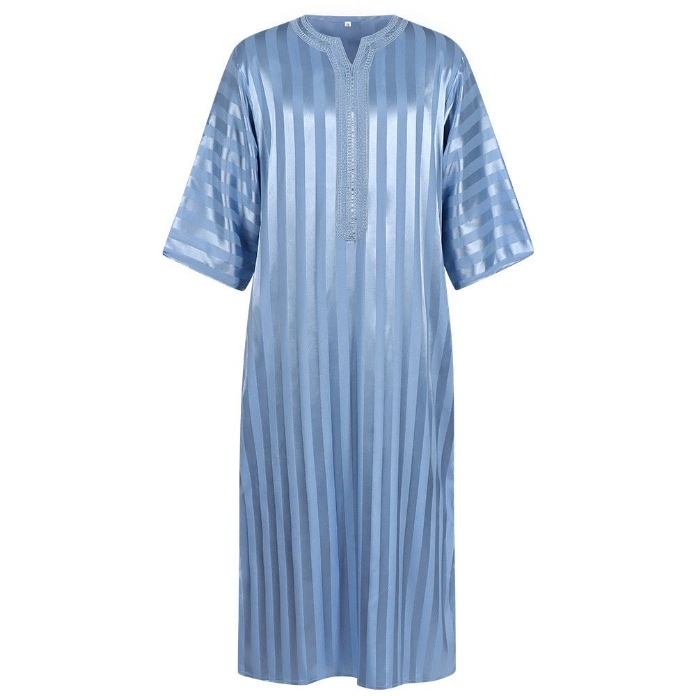 2025 New Cross - Border Middle Eastern Arab Men's Robe Long Sleeve Striped Print Muslim Costume - Coscosmos