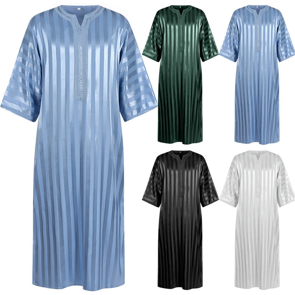 2025 New Cross - Border Middle Eastern Arab Men's Robe Long Sleeve Striped Print Muslim Costume - Coscosmos