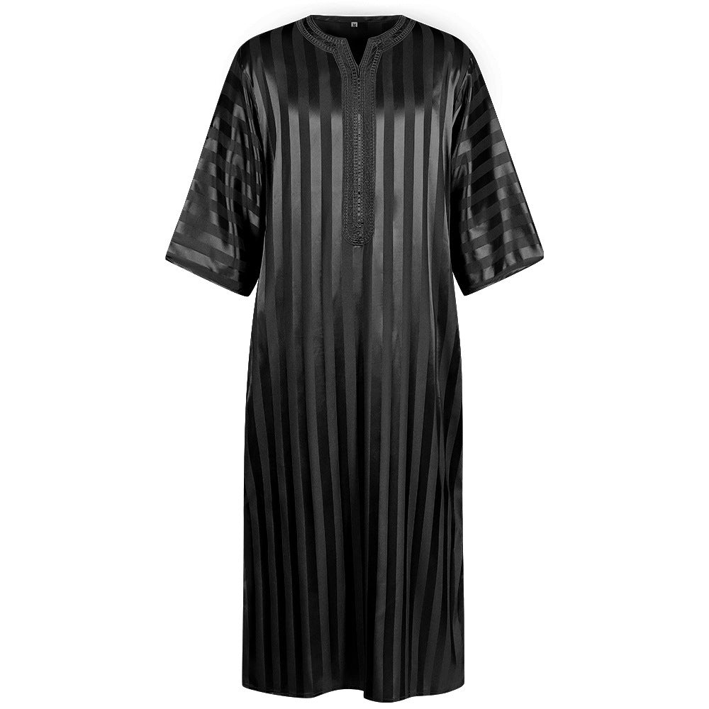 2025 New Cross - Border Middle Eastern Arab Men's Robe Long Sleeve Striped Print Muslim Costume - Coscosmos