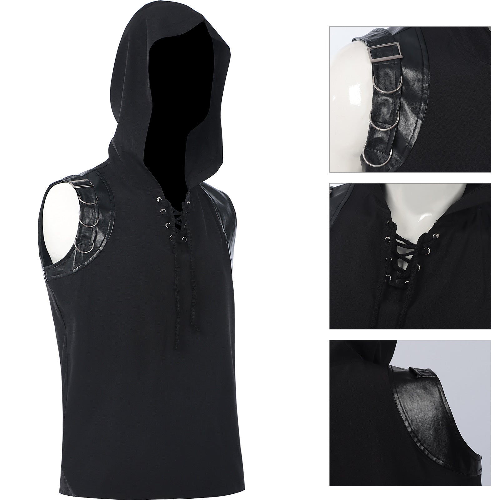 2025 New Medieval Punk Rock Men's Fashion Sleeveless Hooded Lace - up Vest - Coscosmos