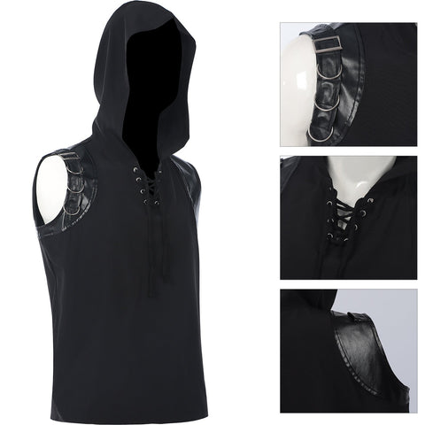 2025 New Medieval Punk Rock Men's Fashion Sleeveless Hooded Lace - up Vest - Coscosmos