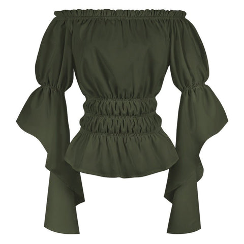 2025 Spring Summer European American Cross - border Women's Renaissance Ruffled Sleeve Off - shoulder Blouse - Coscosmos