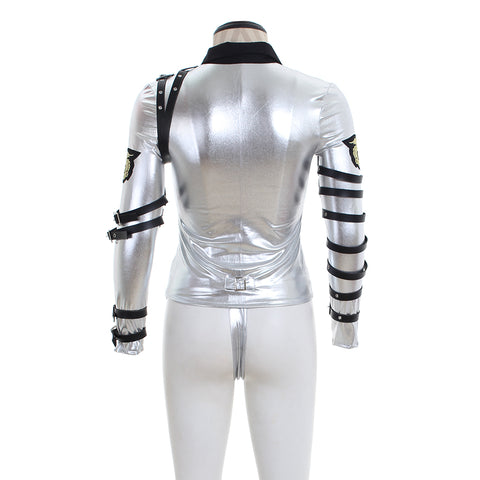 Punk MJ Michael Jackson Classic BAD Tour Silver Shine Bodysuit Jacket Apparel