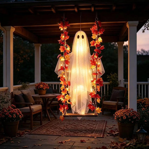Remote Control Maple Leaf Ghost Swing Ornament, Artificial Hanging, Halloween Party Scene Decor, Indoor Outdoor Atmosphere Decoration