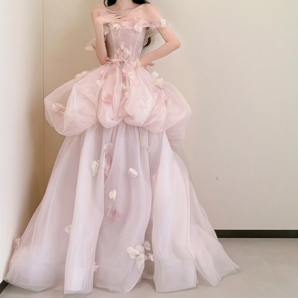 3D Floral Applique Fairy Dress: Monet's Garden Style Forest Gown, Off - Shoulder Puff Sleeve, Tiered Tulle Ball Gown, Dreamy Prom & Formal Evening Maxi Dress - Coscosmos