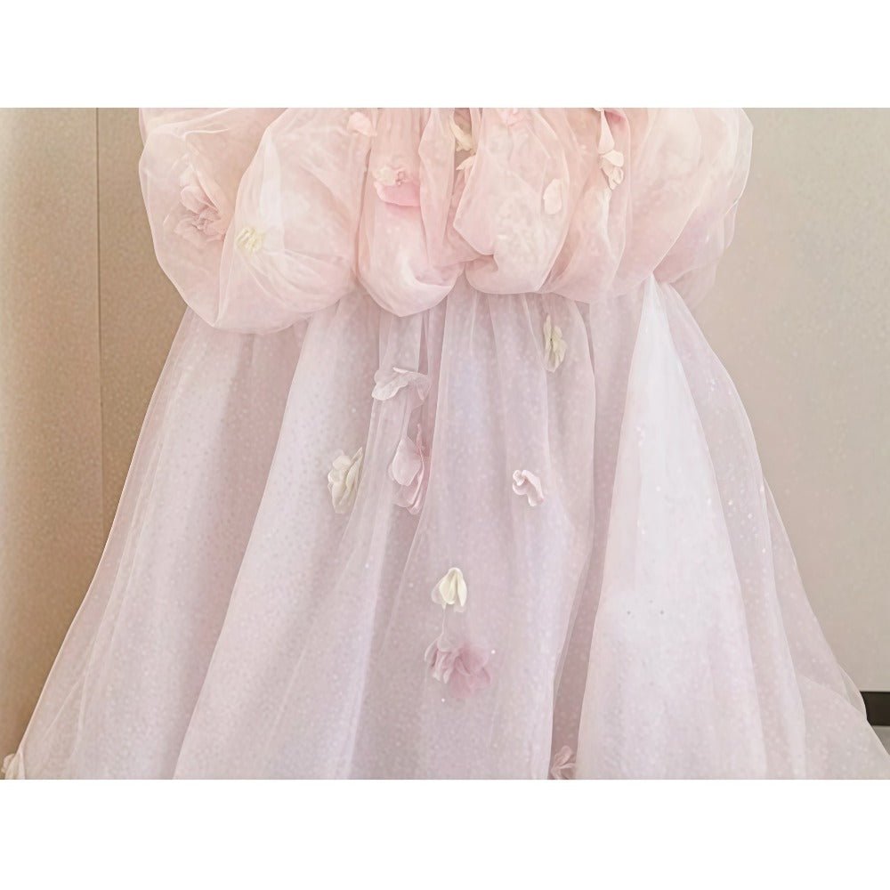 3D Floral Applique Fairy Dress: Monet's Garden Style Forest Gown, Off - Shoulder Puff Sleeve, Tiered Tulle Ball Gown, Dreamy Prom & Formal Evening Maxi Dress - Coscosmos