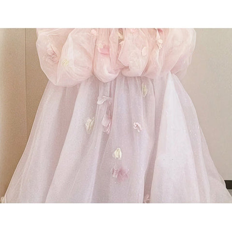 3D Floral Applique Fairy Dress: Monet's Garden Style Forest Gown, Off - Shoulder Puff Sleeve, Tiered Tulle Ball Gown, Dreamy Prom & Formal Evening Maxi Dress - Coscosmos