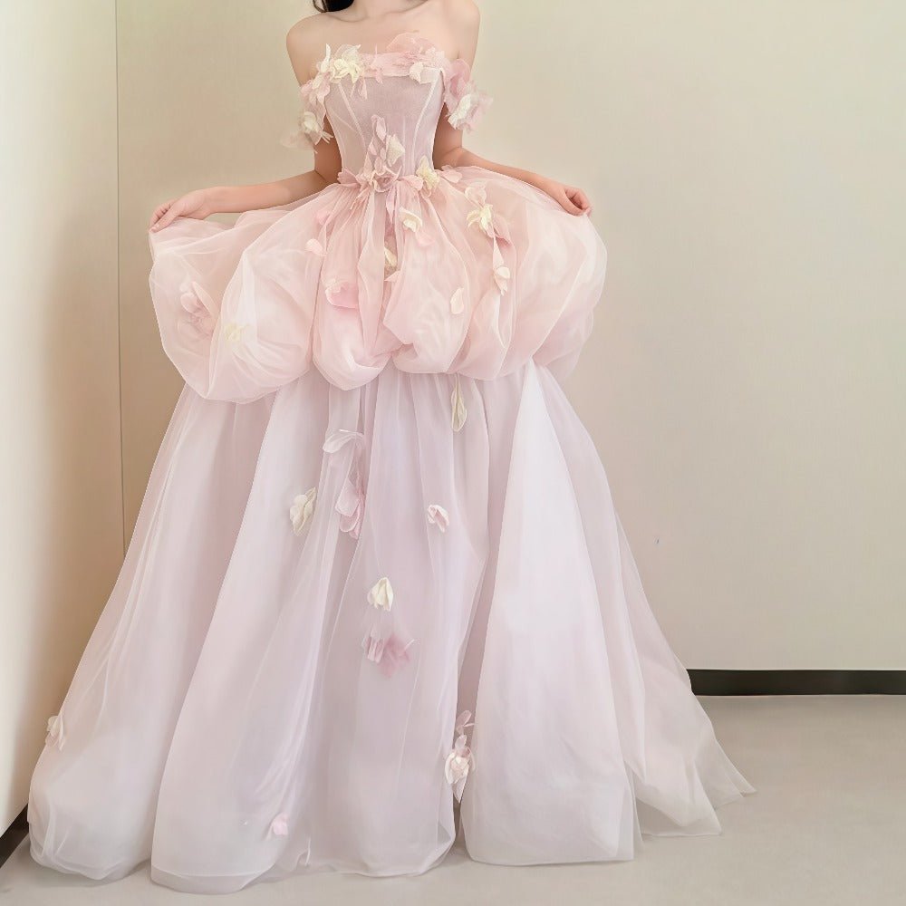 3D Floral Applique Fairy Dress: Monet's Garden Style Forest Gown, Off - Shoulder Puff Sleeve, Tiered Tulle Ball Gown, Dreamy Prom & Formal Evening Maxi Dress - Coscosmos