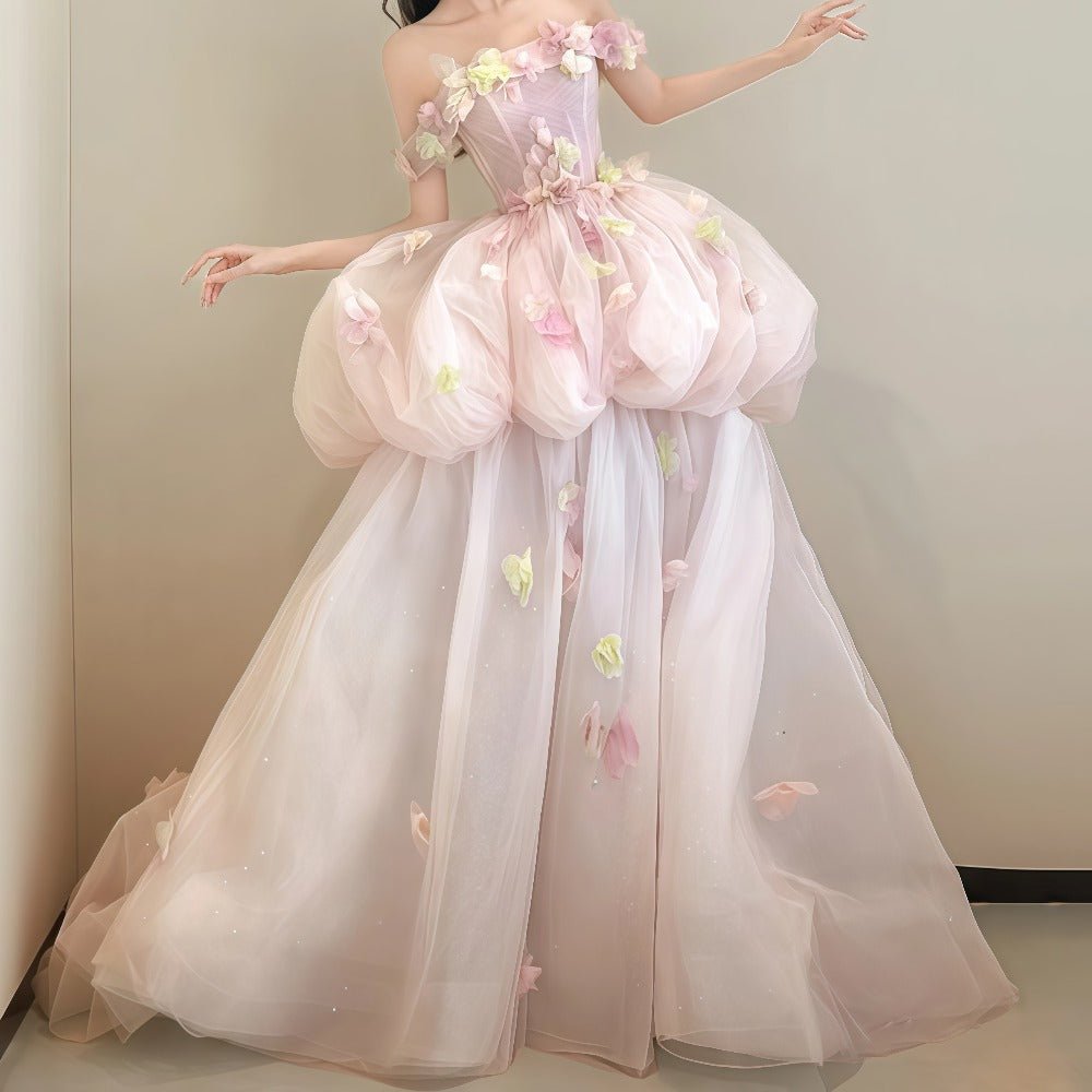 3D Floral Applique Fairy Dress: Monet's Garden Style Forest Gown, Off - Shoulder Puff Sleeve, Tiered Tulle Ball Gown, Dreamy Prom & Formal Evening Maxi Dress - Coscosmos