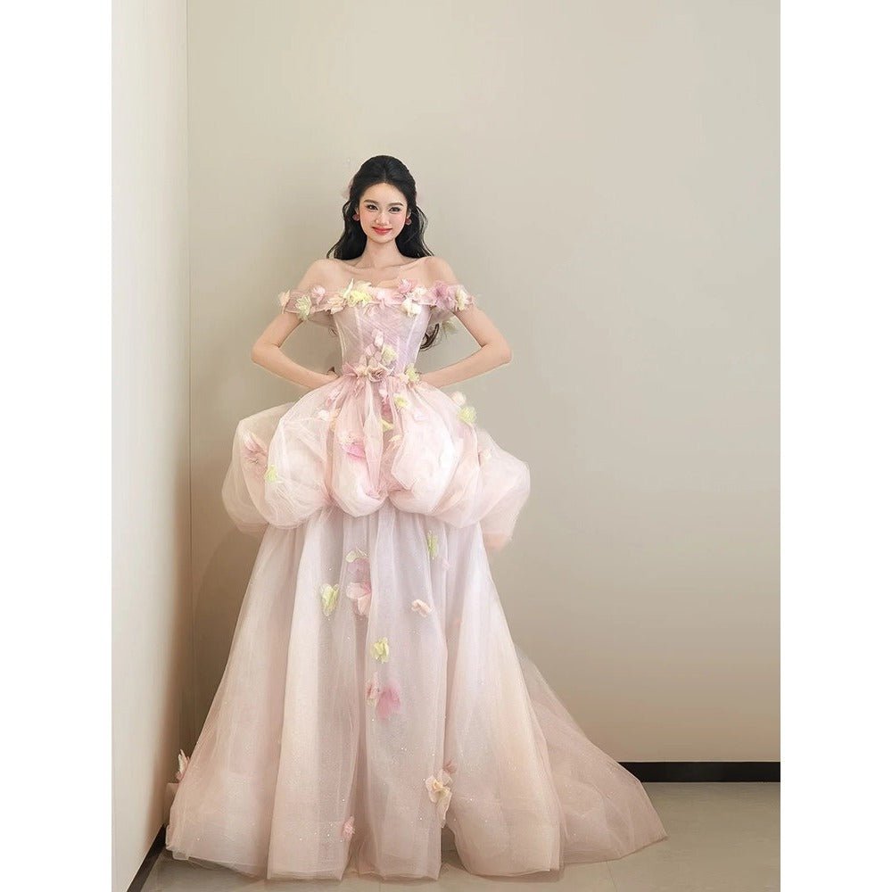 3D Floral Applique Fairy Dress: Monet's Garden Style Forest Gown, Off - Shoulder Puff Sleeve, Tiered Tulle Ball Gown, Dreamy Prom & Formal Evening Maxi Dress - Coscosmos