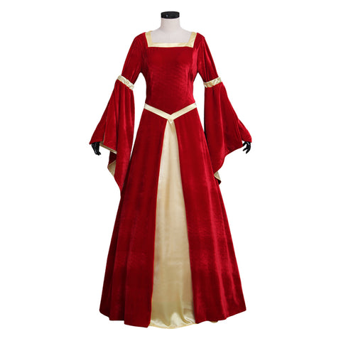 Custom Made Medieval Velvet Red Yellow Trumpet Sleeves Dress | Wedding & Fancy Party Costume