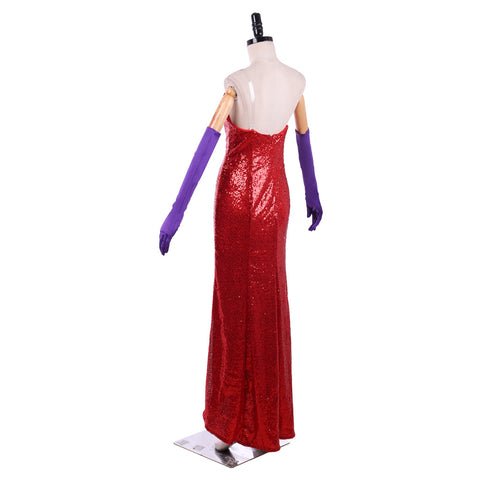 Jessica Rabbit Sexy Red Sequined Cosplay Dress with High Split and Purple Gloves