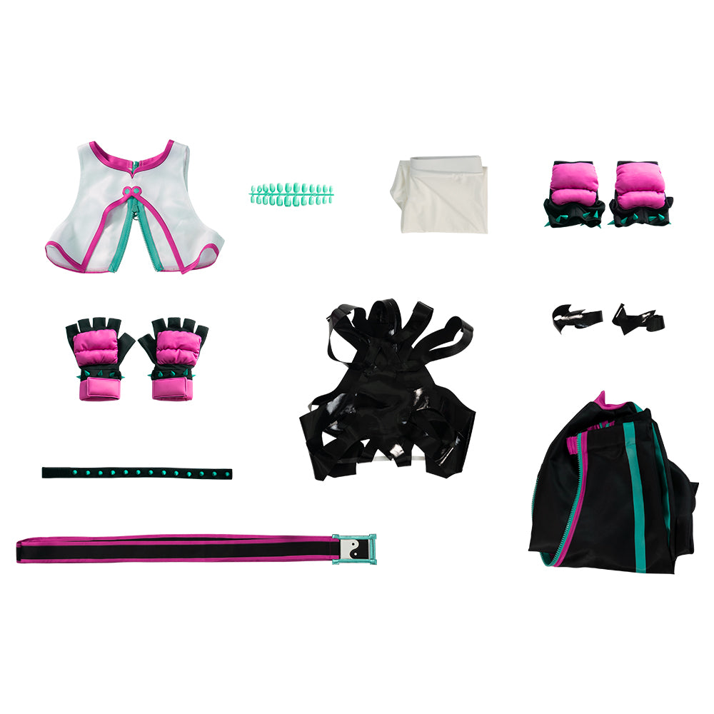 Street Fighter 6 Juri Cosplay Costume - Hollow Bodysuit Vest Pants Set with Gloves Belt